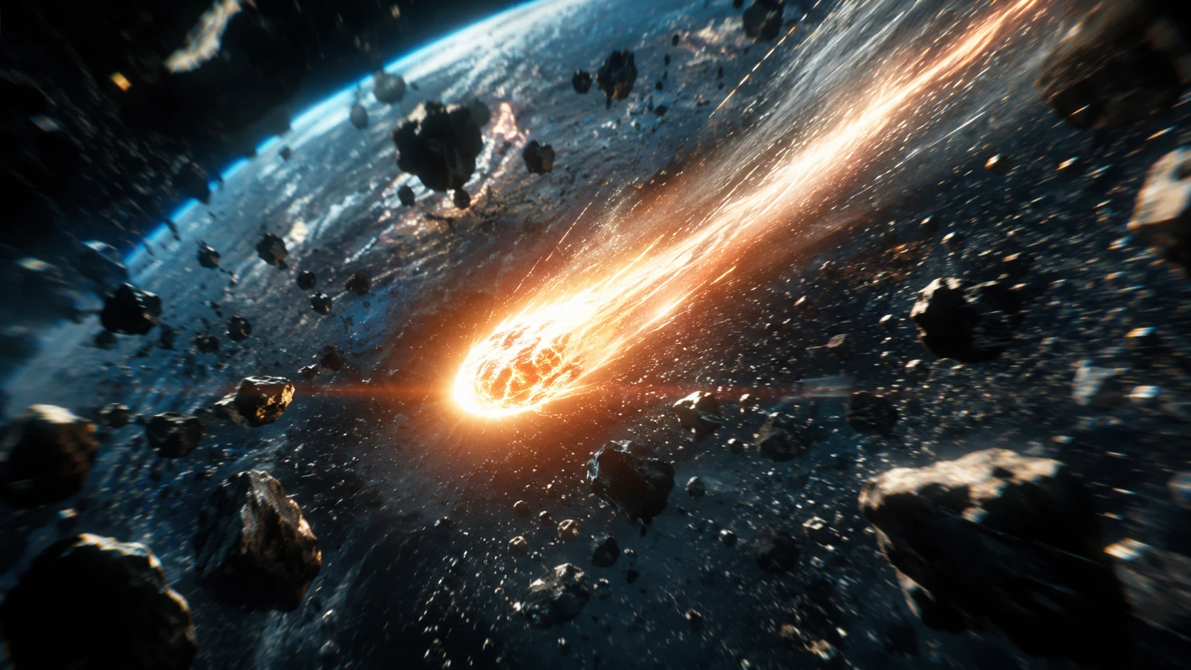 A meteor burning through an asteroid field above a planet
