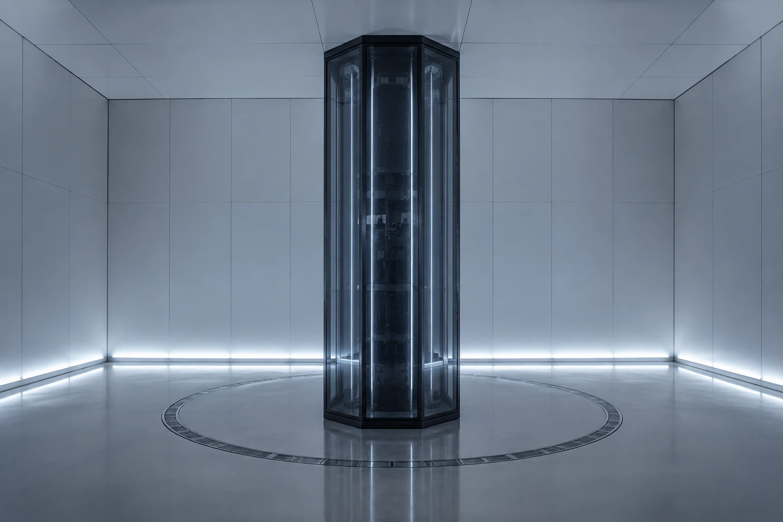 A dark glass column standing in a white chamber