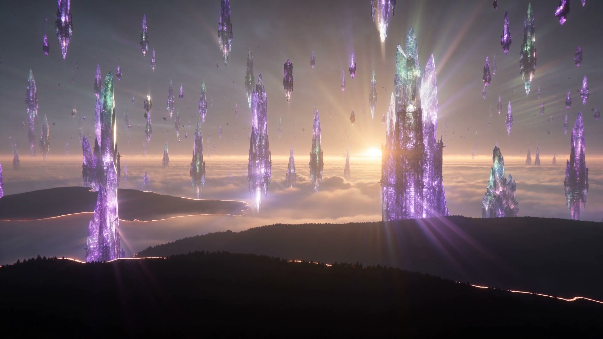 Crystal spires rising above a sea of cloud at sunrise