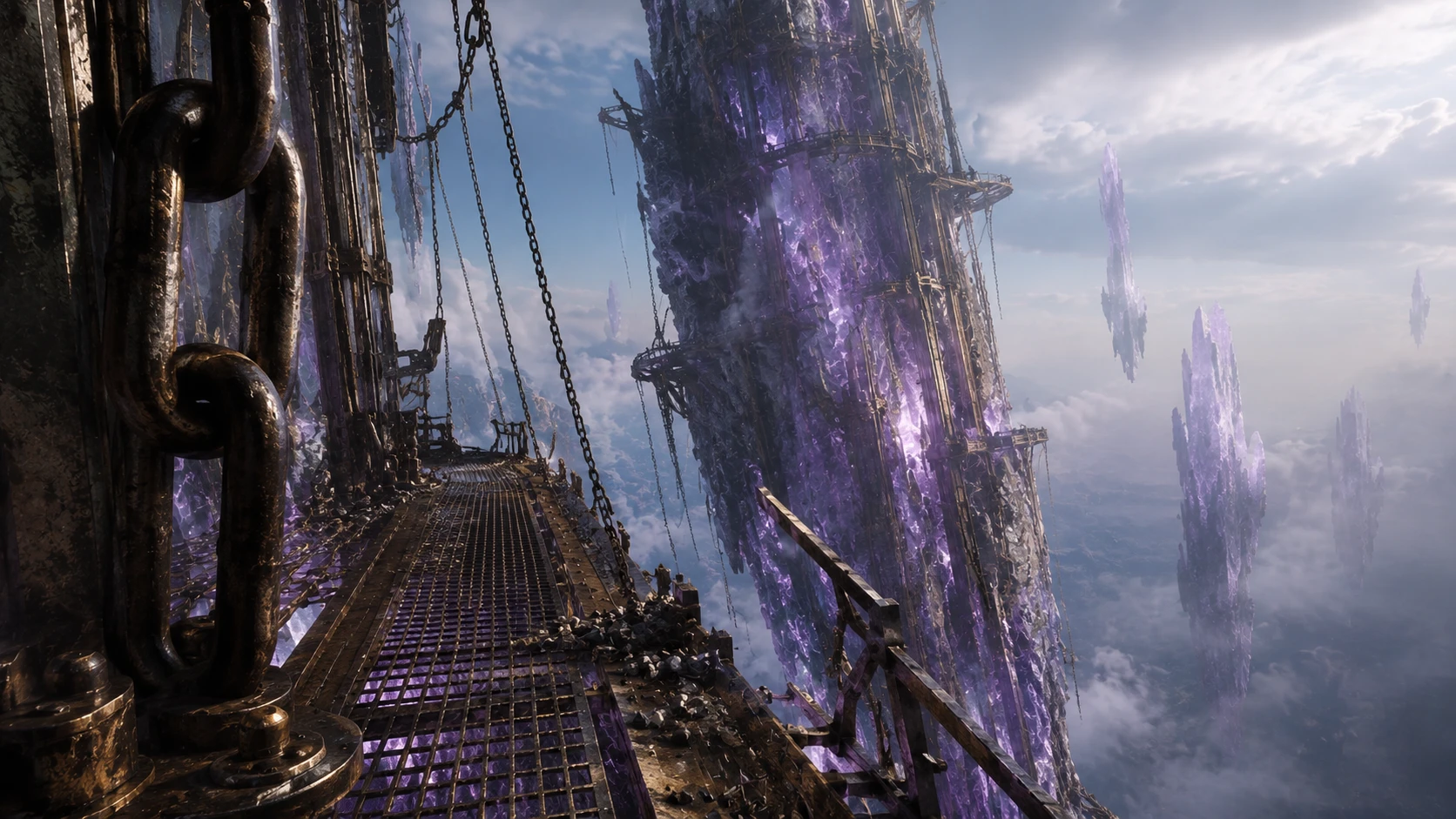 A chained bridge running out to crystal towers above the clouds