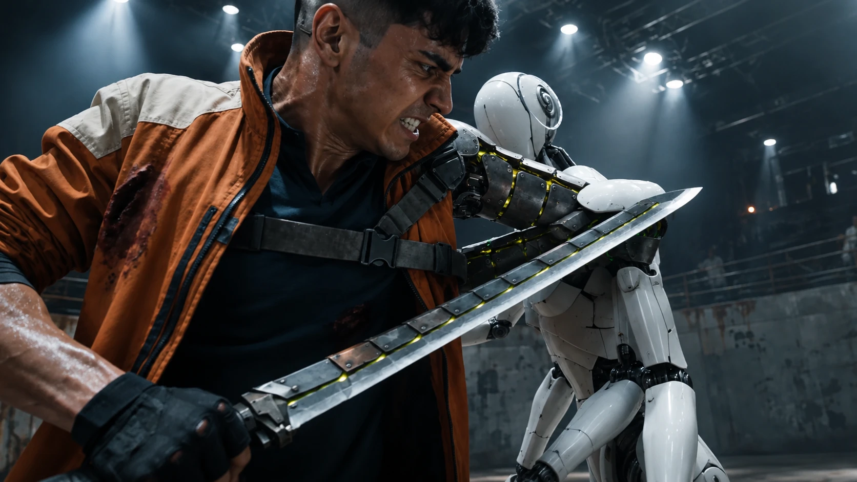 A fighter holding off a white humanoid machine at blade's length