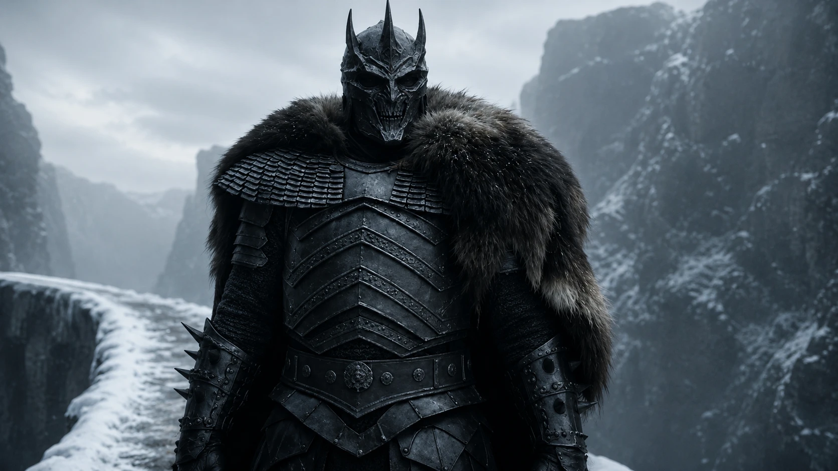 An armoured figure in a horned helm on a snowbound cliff path